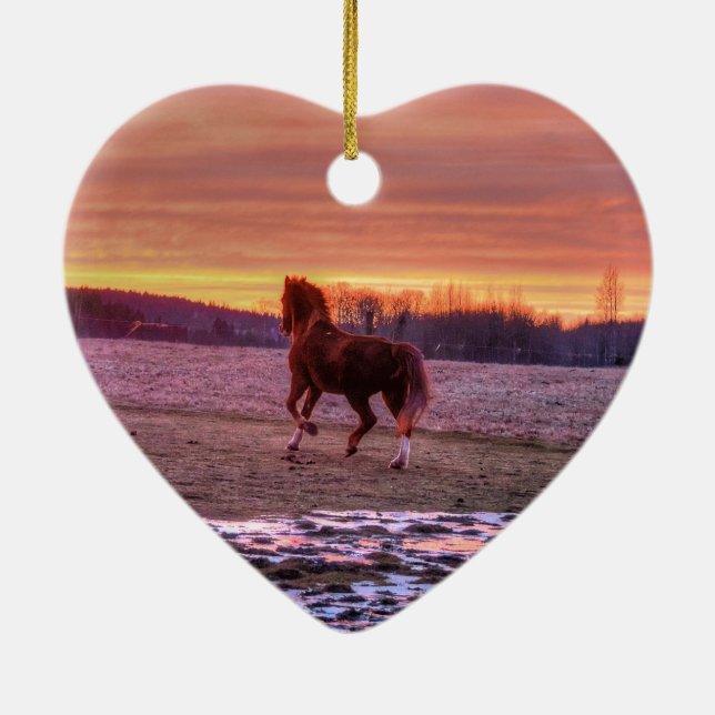 Stallion Running Home at Sunset on Ranch Ceramic Ornament (Back)