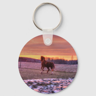 Stallion Running Home at Sunset on Ranch Keychain