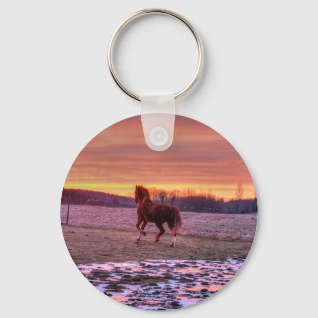 Stallion Running Home at Sunset on Ranch Keychain (Front)