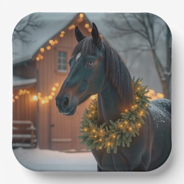 Stallion With Christmas Wreath Paper Plate (Front)