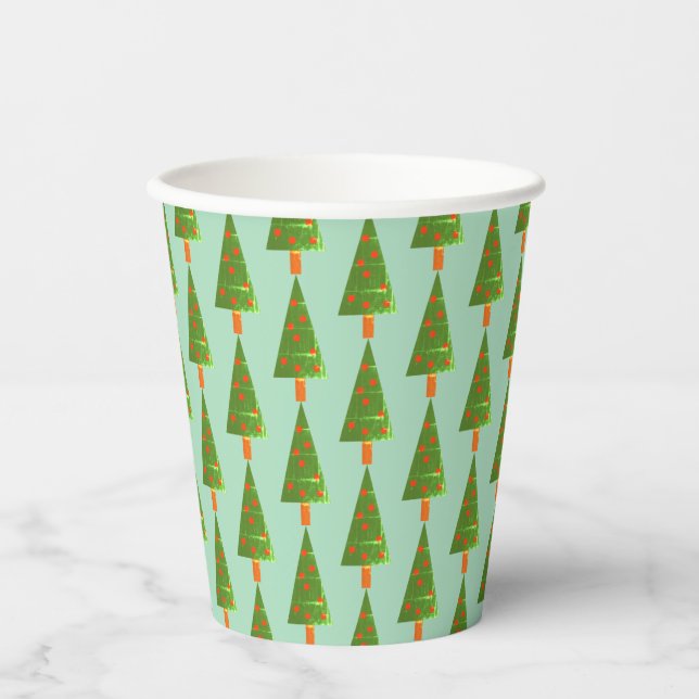 Stamped Christmas Trees on Green Paper Cups (Front)