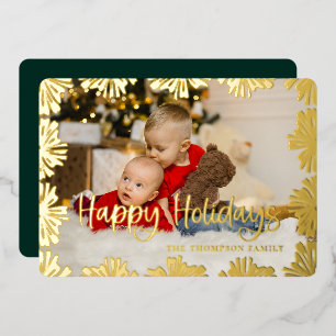 Stamped Floral Frame Photo Foil Holiday Card