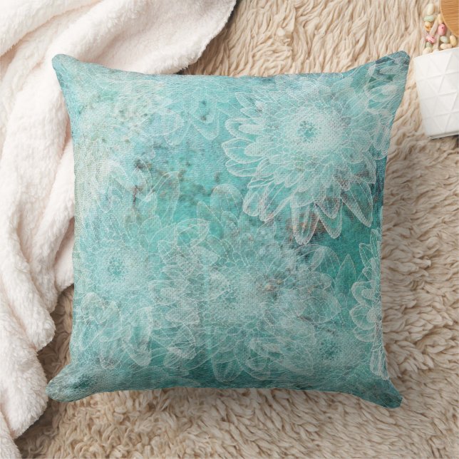 Stamped Flowers Teal Background Throw Pillow (Blanket)