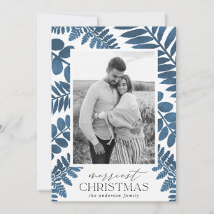 Stamped Foliage Dark Blue Watercolor 2 Photo Holiday Card