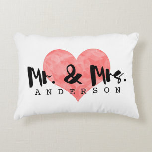 Stamped Heart Rustic Mr & Mrs Monogram Decorative Pillow
