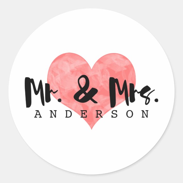 Stamped Heart Rustic Mr & Mrs Wedding Classic Round Sticker (Front)