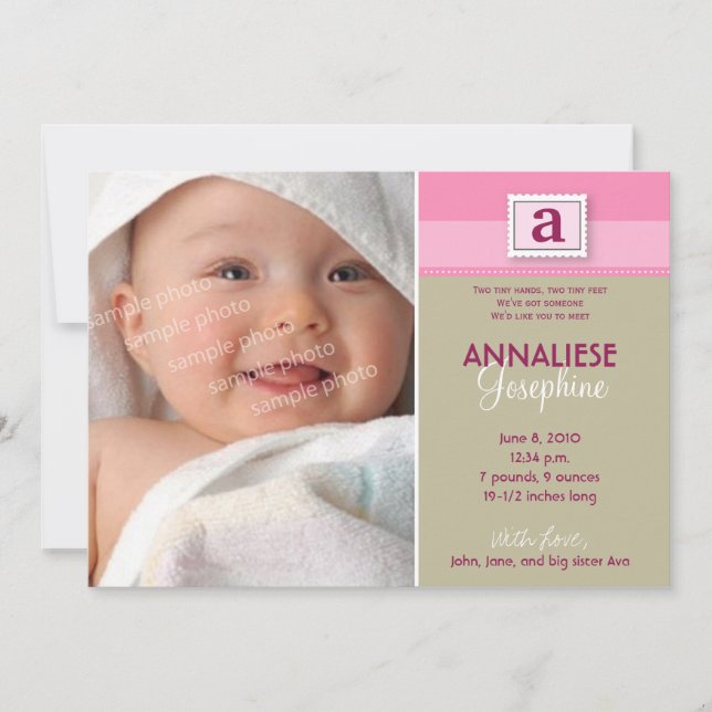 Stamped Monogram Birth Announcement :: pink (Front)