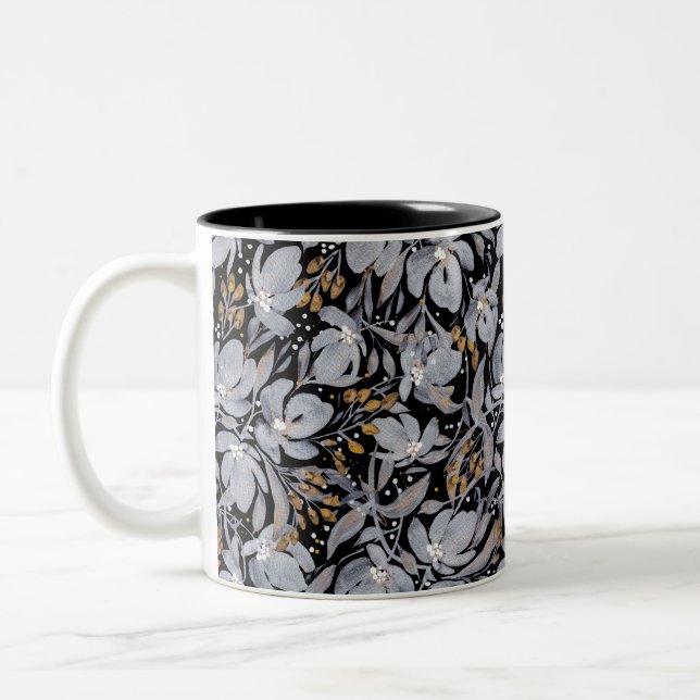 Stand Out-Silver and Gold on Black Artistic Floral Two-Tone Coffee Mug (Left)