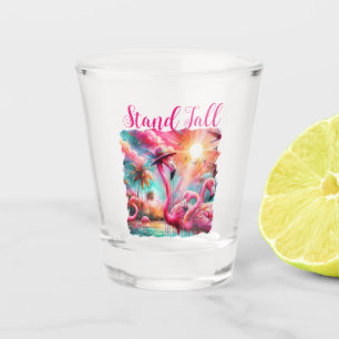Stand Tall Tropical Pink Flamingos Palm Trees Sun  Shot Glass
