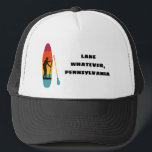 Stand Up Paddle Board SUP Custom Text Souvenir Trucker Hat<br><div class="desc">Add your own text to create a custom souvenir hat or personalized gift. This trucker's hat or baseball cap features an illustration of a SUP or stand up paddle board and paddle depicted in vibrant sunset colours with a silhouette illustration in black of someone paddle boarding. Beside the graphic is...</div>