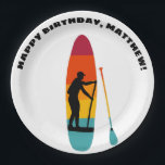 Stand Up Paddle Board SUP Personalized Paper Plate<br><div class="desc">Add a personalized touch to birthday parties and other special events with these custom paper plates. They feature an illustration of a SUP or stand up paddle board and paddle depicted in vibrant sunset colours with a silhouette illustration in black of someone paddle boarding. Your own message is above the...</div>