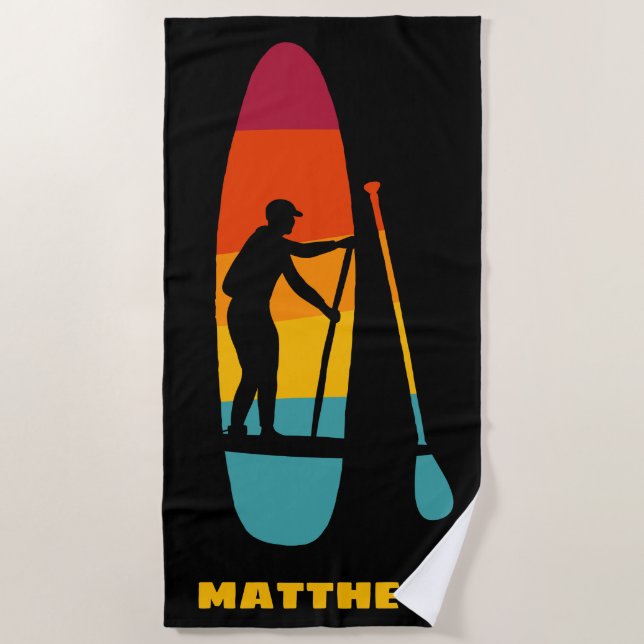 Stand Up Paddle Board SUP Sunset Personalized Beac Beach Towel (Front)