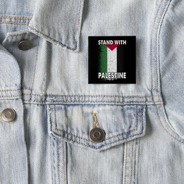Stand with Palestine Free Palestinian Flag 2 Inch Square Button (In Situ)