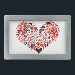 Stand with Ukraine lettering and heart Belt Buckle<br><div class="desc">Folk art illustration heart and lettering in Ukrainian folklore style heart, shape, Purity, Allegory, peace sign, peace symbol, peace, no war, stop war, antiwar, Ukraine, Ukrainian, ethnical pattern, proud, state, government, Sign, Symbol, Freedom, National, Country, Independence, pattern, ethnical, ethno, folk art, folklore, Zelensky, Kyiv, Kiev, UA, Patriotic, Europe, Label, badge,...</div>
