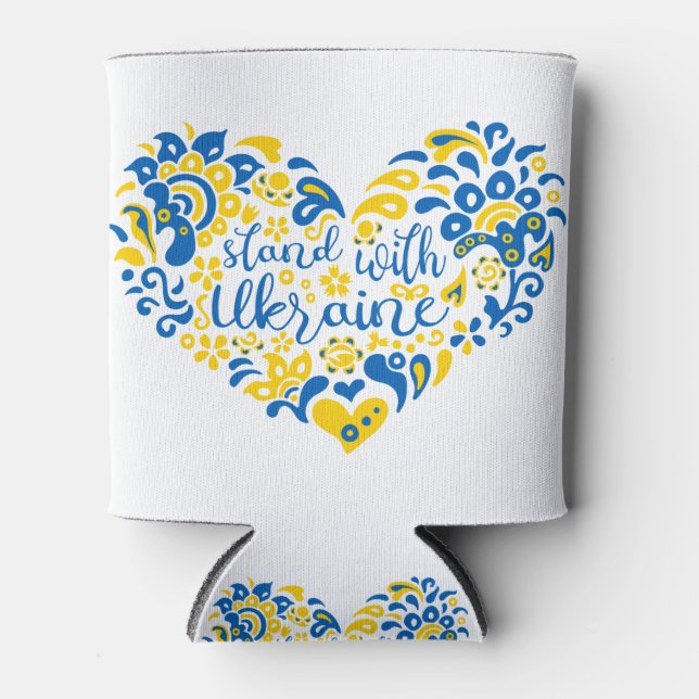 Stand with Ukraine lettering and heart  Can Cooler (Front)