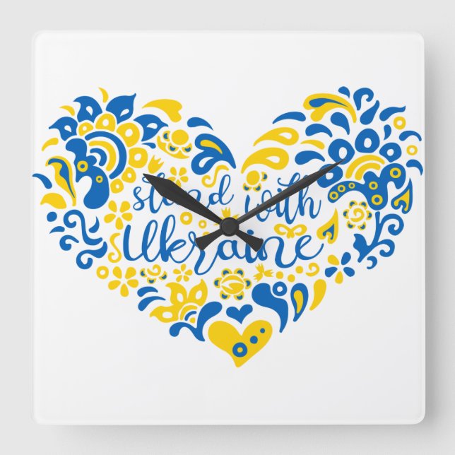 Stand with Ukraine lettering and heart Square Wall Clock (Front)
