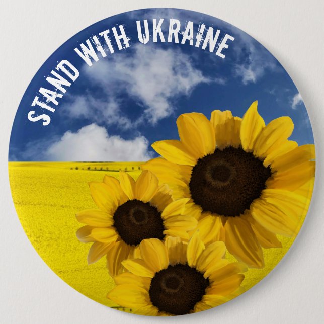 Stand with Ukraine yellow and blue with sunflowers 6 Inch Round Button (Front)