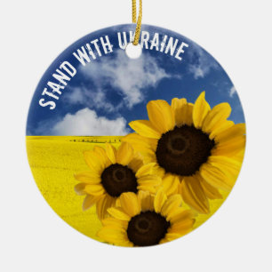 Stand with Ukraine yellow and blue with sunflowers Ceramic Ornament