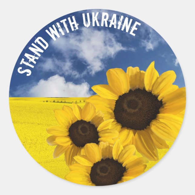 Stand with Ukraine yellow and blue with sunflowers Classic Round Sticker (Front)