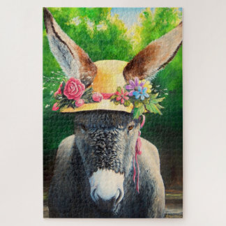 Standard Donkey/Burro in Rose/daisy flower hat Jigsaw Puzzle