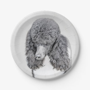 Standard Poodle Black Parti Painting - Dog Art Paper Plate