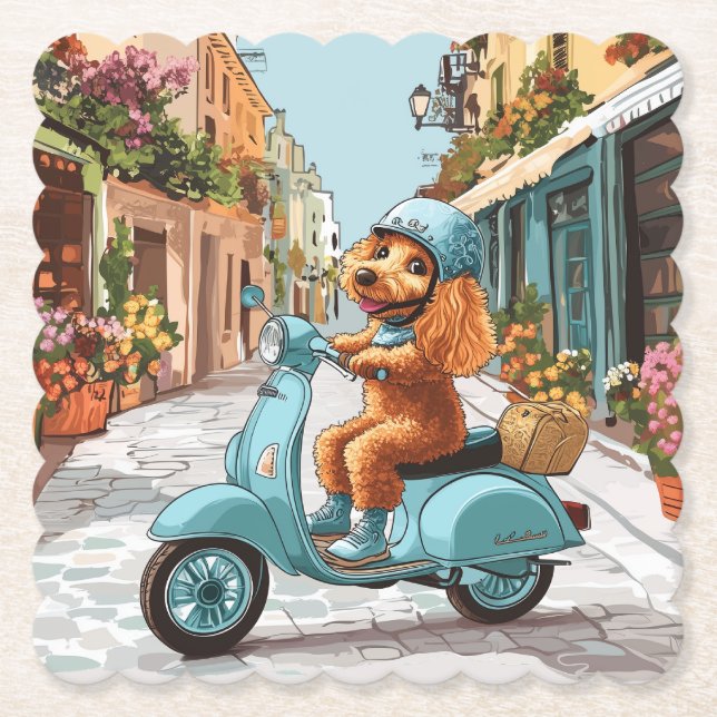 Standard Poodle Dog Riding Scooter Paper Coaster (Front)