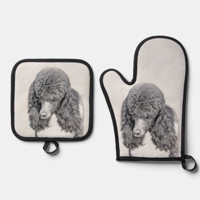 Standard Poodle Painting Parti Black White Dog Art Oven Mitt & Pot Holder Set (Front)