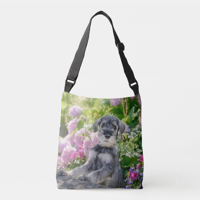 Standard Schnauzer Puppy in a Flowering Garden - Crossbody Bag (Front)