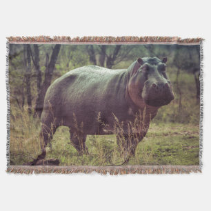Standing Hippo Posing at Camera in Africa Foliage Throw Blanket