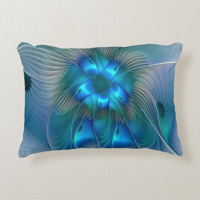 Standing Ovations, Abstract Blue Turquoise Fractal Accent Pillow (Front)