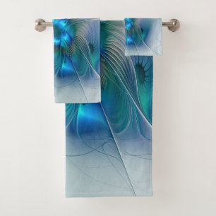 Standing Ovations, Abstract Blue Turquoise Fractal Bath Towel Set