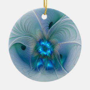 Standing Ovations, Abstract Blue Turquoise Fractal Ceramic Ornament