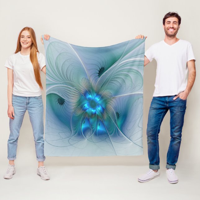 Standing Ovations, Abstract Blue Turquoise Fractal Fleece Blanket (In Situ)