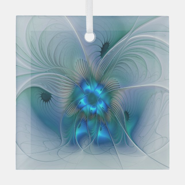 Standing Ovations, Abstract Blue Turquoise Fractal Glass Ornament (Front)