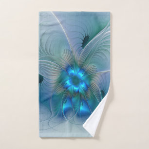 Standing Ovations, Abstract Blue Turquoise Fractal Hand Towel