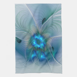 Standing Ovations, Abstract Blue Turquoise Fractal Kitchen Towel