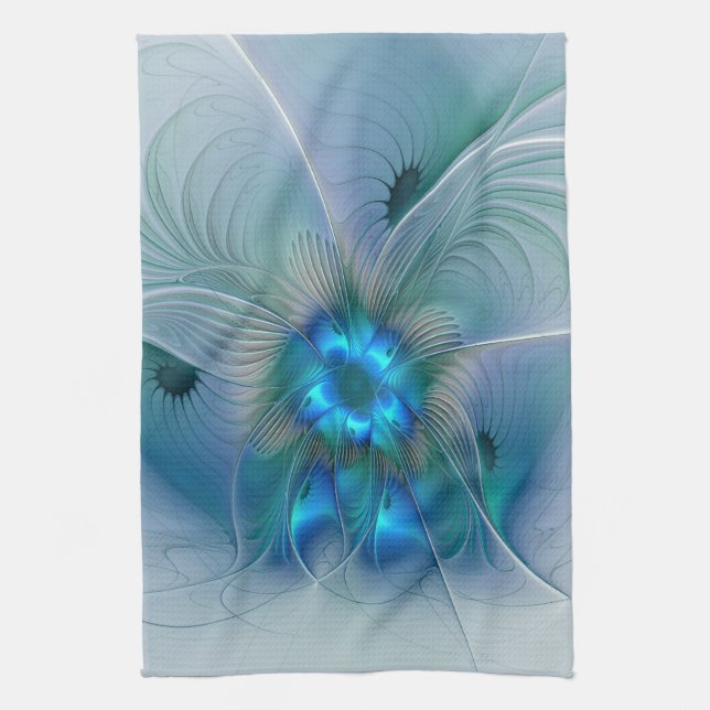 Standing Ovations, Abstract Blue Turquoise Fractal Kitchen Towel (Vertical)