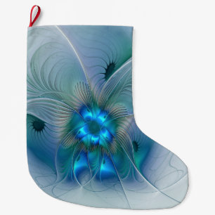 Standing Ovations, Abstract Blue Turquoise Fractal Large Christmas Stocking