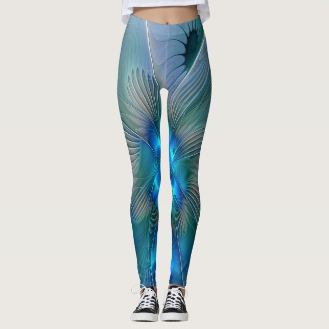 Standing Ovations, Abstract Blue Turquoise Fractal Leggings (Front)