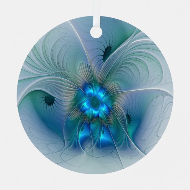 Standing Ovations, Abstract Blue Turquoise Fractal Metal Ornament (Front)