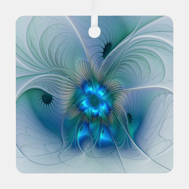 Standing Ovations, Abstract Blue Turquoise Fractal Metal Ornament (Front)