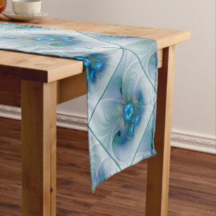 Standing Ovations, Abstract Blue Turquoise Fractal Short Table Runner