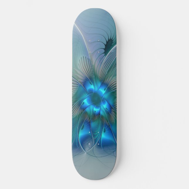 Standing Ovations, Abstract Blue Turquoise Fractal Skateboard (Front)