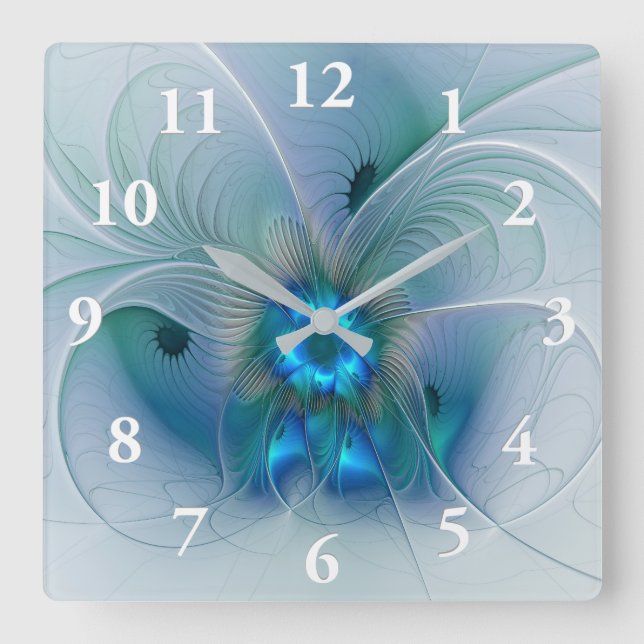 Standing Ovations, Abstract Blue Turquoise Fractal Square Wall Clock (Front)
