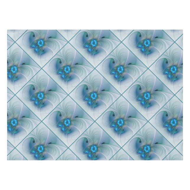 Standing Ovations, Abstract Blue Turquoise Fractal Tablecloth (Front (Horizontal))