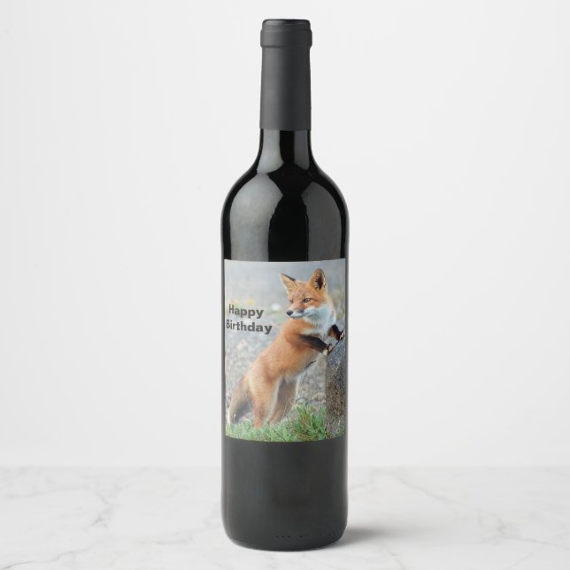 Standing Red Fox Birthday Wine Label (Front)