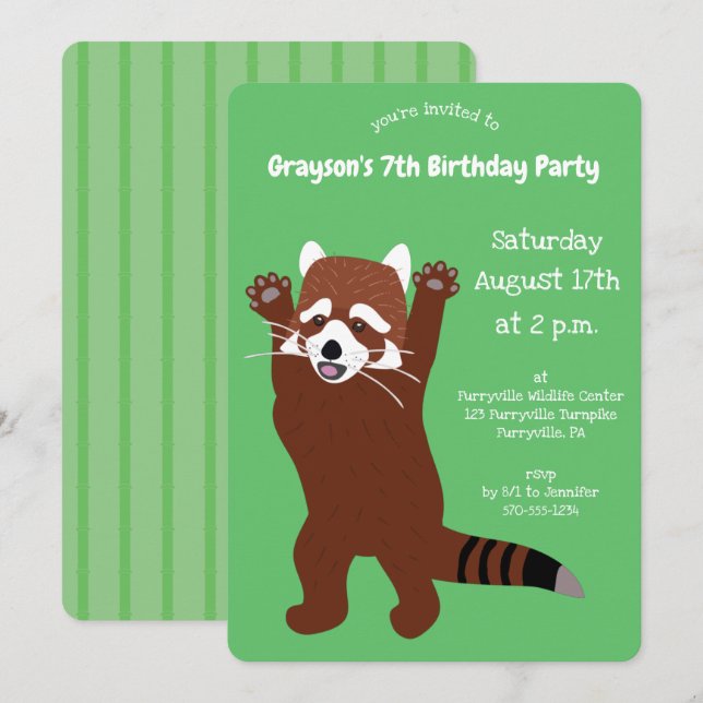 Standing Red Panda Cute Green Custom Party Invitation (Front/Back)