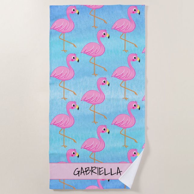 Standing Tall Pink Flamingo Personalized Beach Towel (Front)