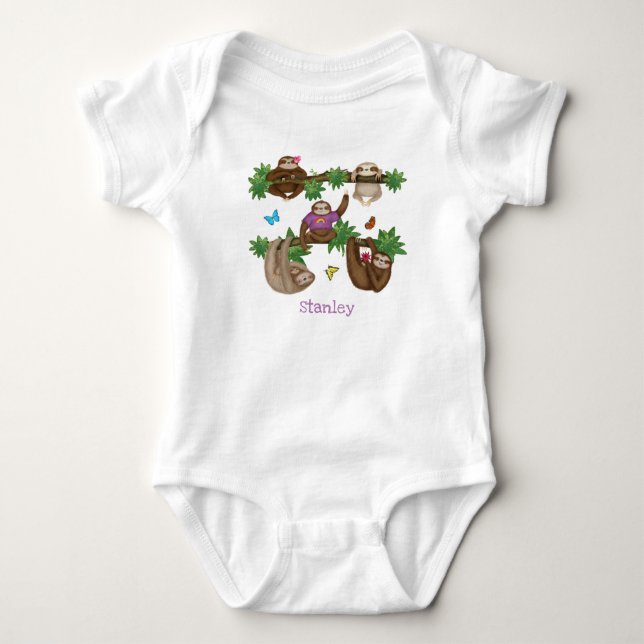 Stanley Sloth personalized purple baby bodysuit (Front)