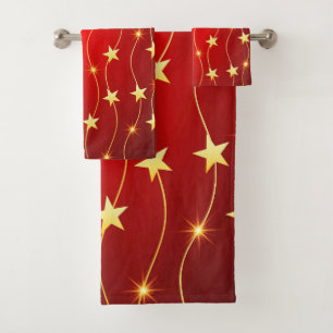 Star Adorned Ruby Red Pattern  Bath Towel Set